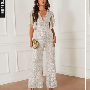 VICI Trophy Wife Silver Sequin Jumpsuit Small